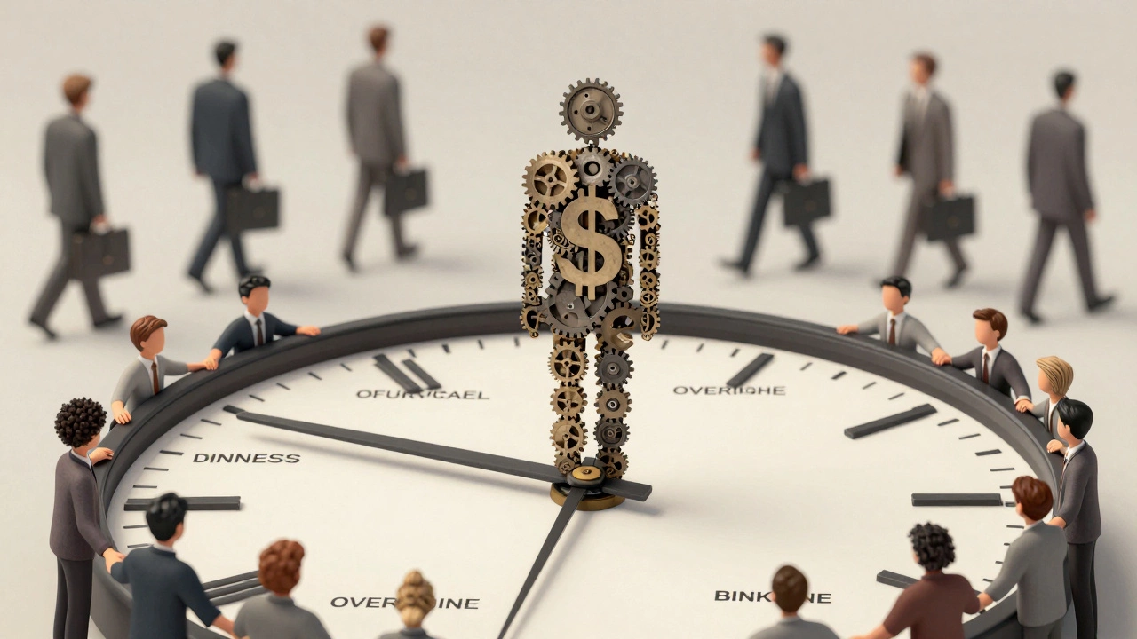 A human figure made of gears and money inside a clock, with executives walking away.