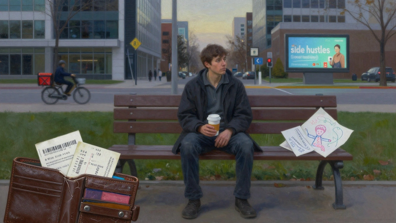 A person on a park bench at dusk, surrounded by symbols of work and financial strain.