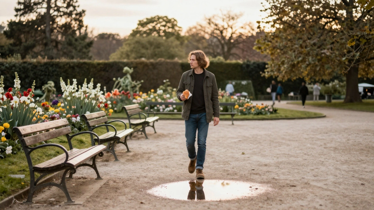 A person walking alone through Luxembourg Gardens at golden hour, holding a croissant.