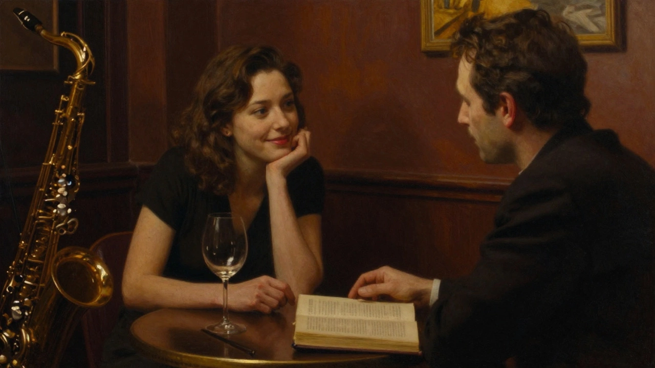 A woman listening intently in a dim jazz club, warm light and poetry book on the table.